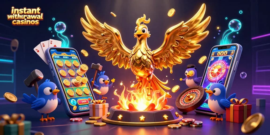 Experience instant withdrawal casinos with golden coins and vibrant slot games amidst mystical flames.
