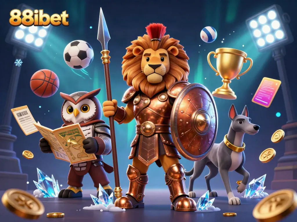 Engaging action scene showcasing 88ibet with a Spartan lion and gaming elements, emphasizing sports and strategy.