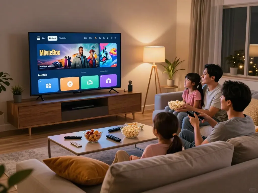 Family enjoying a movie night with the MovieBox app in a cozy living room.