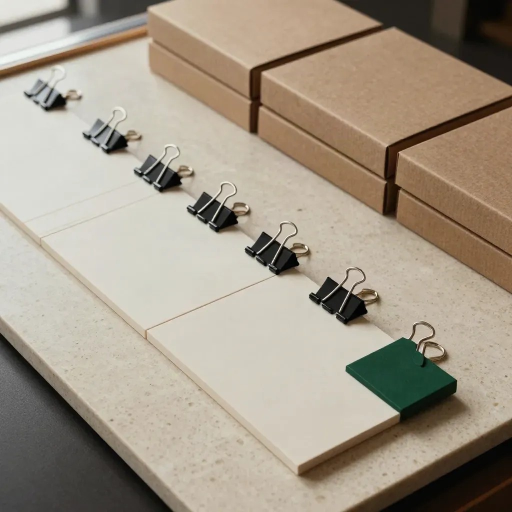 Top-down launch board with blank task tiles, binder clips, and sealed sample boxes settling into place.