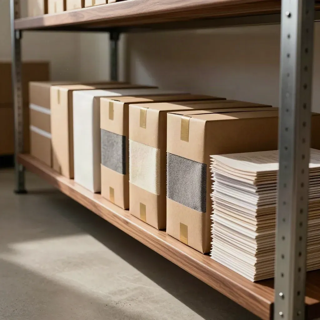 Cartons and fabric swatches lined on a warehouse shelf in a sunbeam.