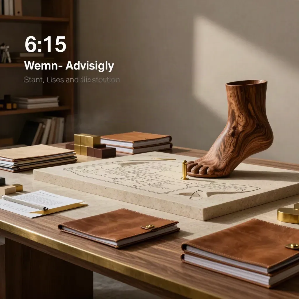 Walnut and brass advisory studio with a miniature growth model, closed folios and misty dawn light.