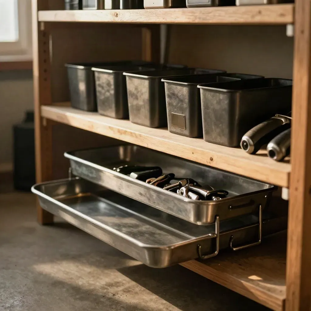 Nested trays, matte bins, stainless timer and tools on a back-office shelf in warm afternoon light