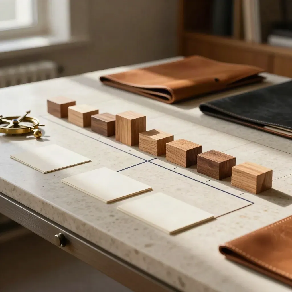 Planning blocks, cards, folios, and a small model on a sunlit strategy table