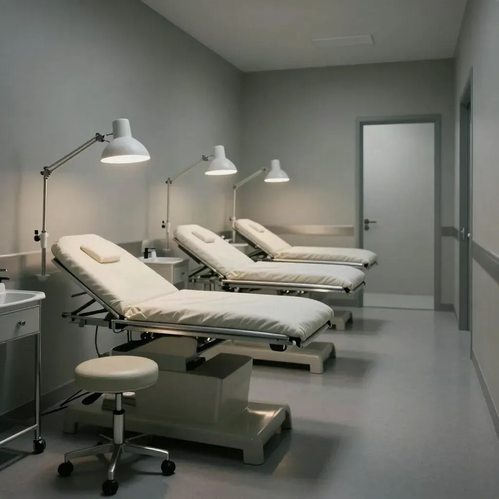 Three ready clinic exam rooms glowing in a hushed corridor