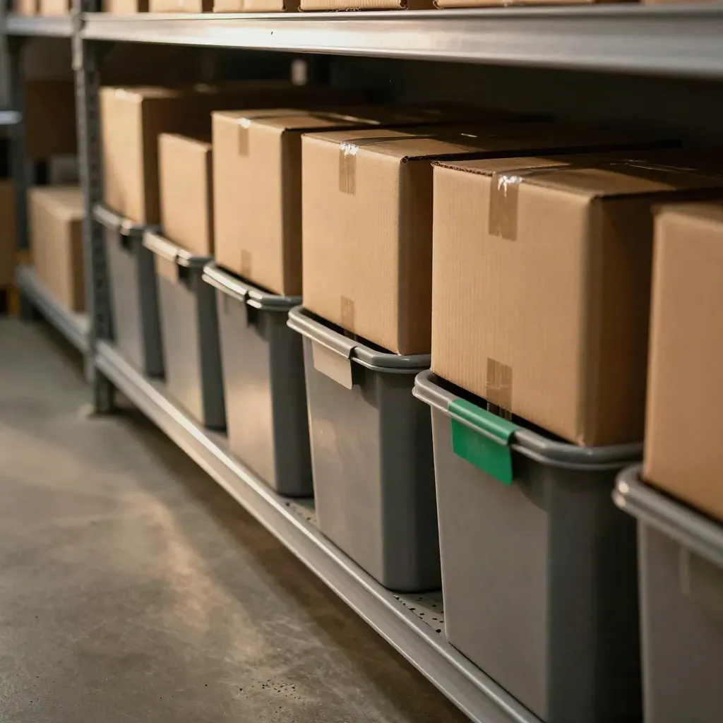 Orderly retail replenishment bins and crates aligned in a warm, dusty backroom lane.