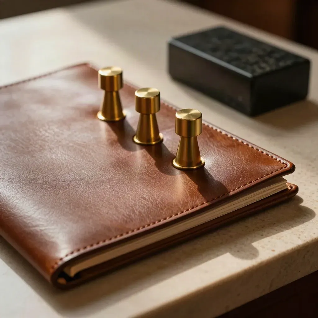 Leather advisory folio, brass markers and stone weight on a warm desk, softly lit.