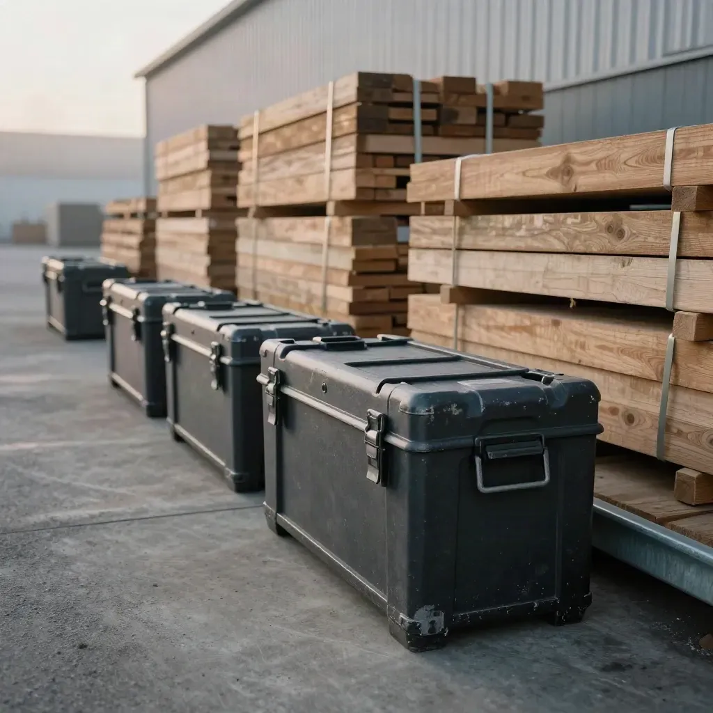 Cargo crates, lumber bundles, and tool cases in a misty trades yard at dawn