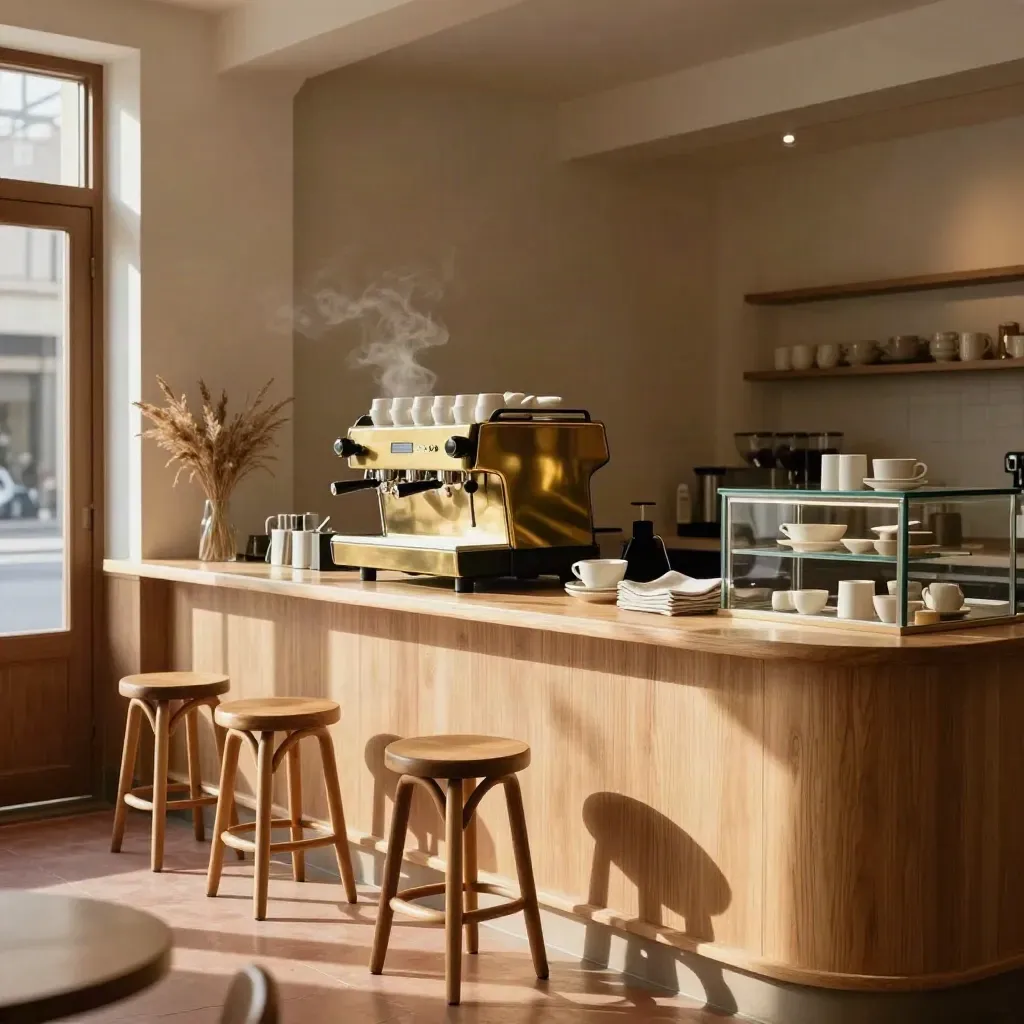 Empty second-location café interior with brass details, stools, and a ready service counter.