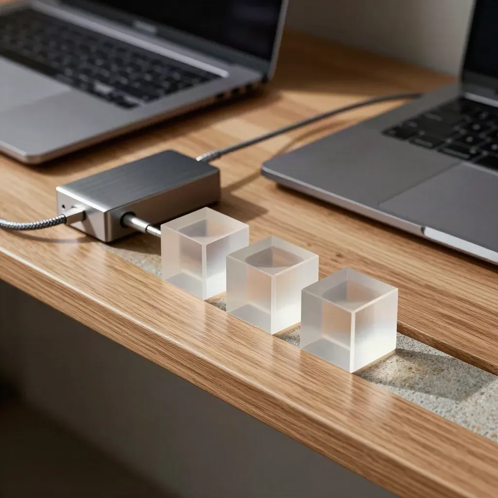Closed laptops and acrylic planning cubes aligned on a warm shelf, seen from above.