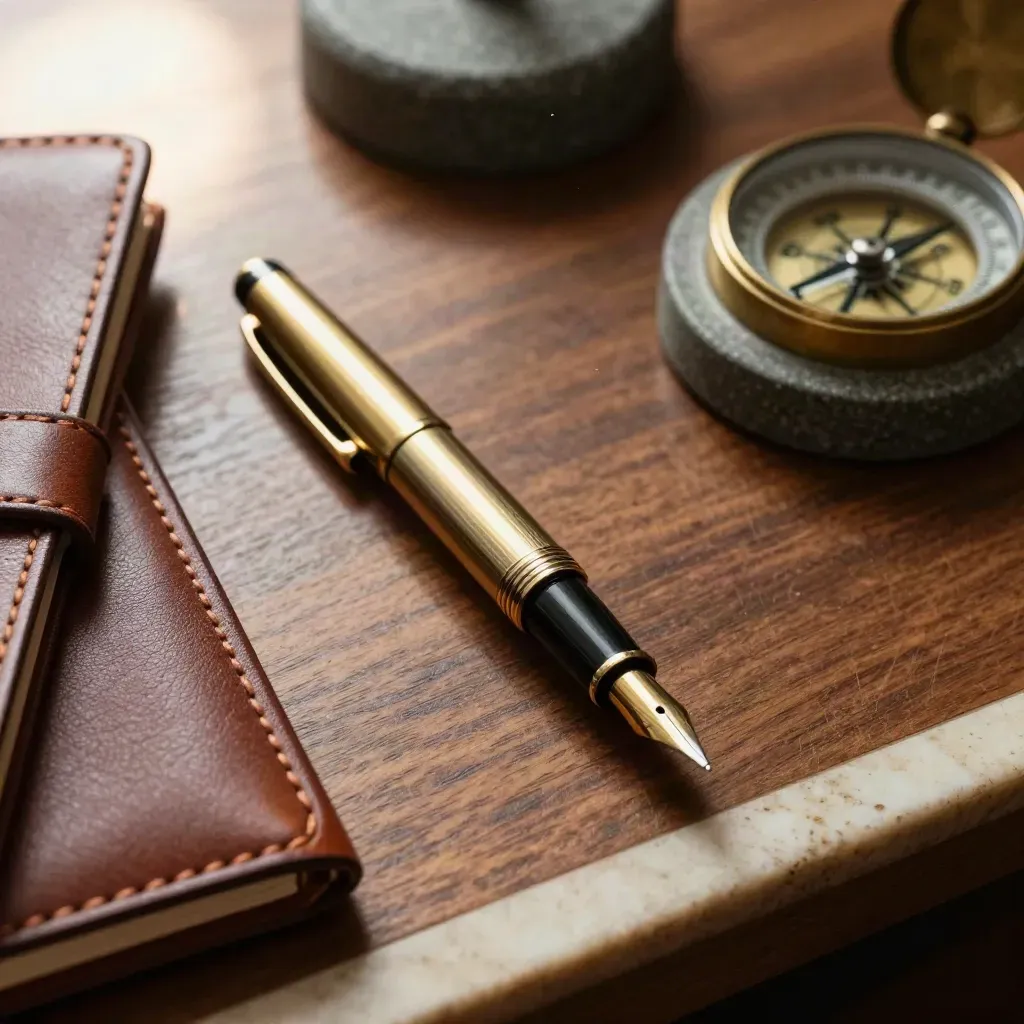 Macro of a fountain pen, brass compass, leather portfolio and stone paperweight on walnut
