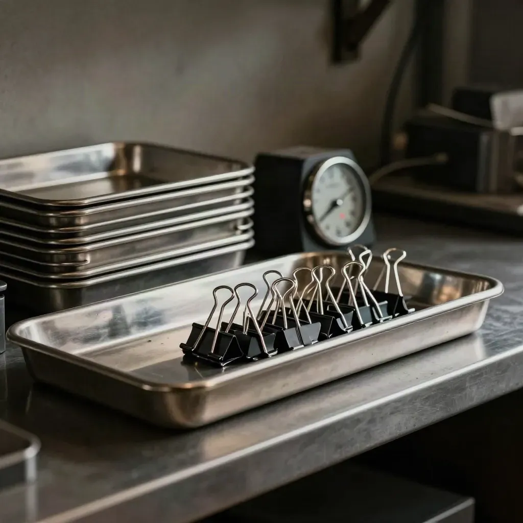 Steel inbox trays, timer, and binder clips on a graphite shelf in dramatic light
