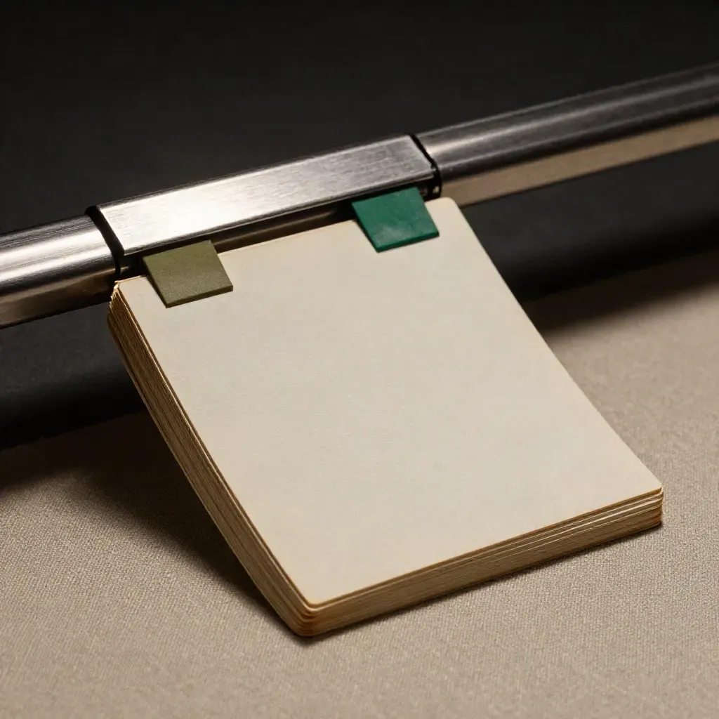 Overhead macro of blank project cards with emerald tabs and a brushed metal rail on linen.