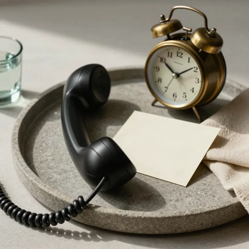Overhead still life of a black phone, brass clock, face-down card, and linen cloth on stone.