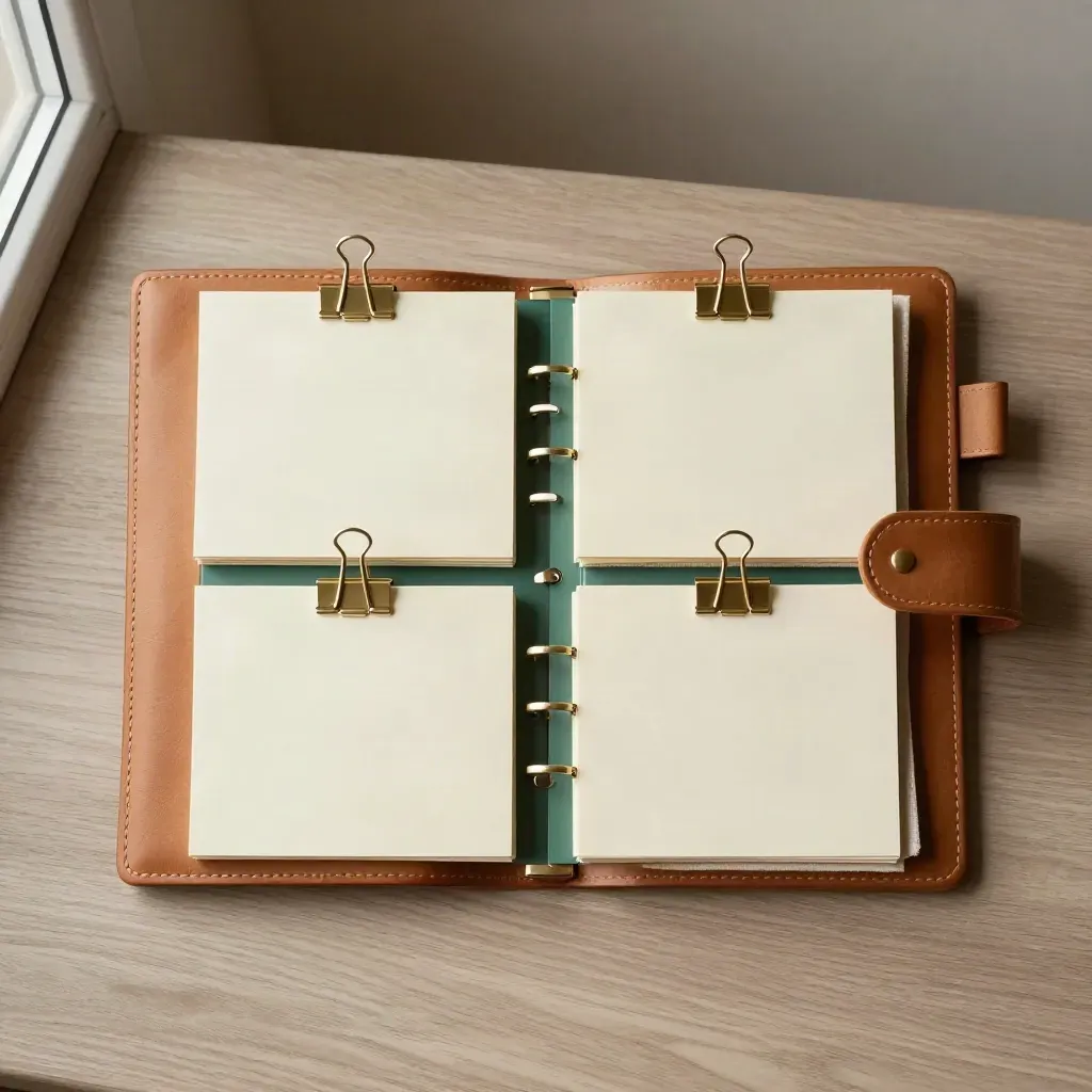 Leather notebook, cream cards, brass clips, and emerald task counters on pale wood.