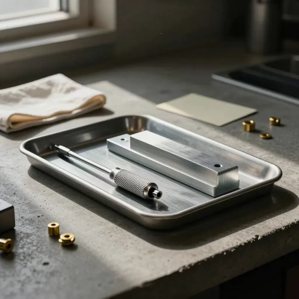 Alignment block, screwdriver set and brass fasteners on a concrete workbench in soft workshop light