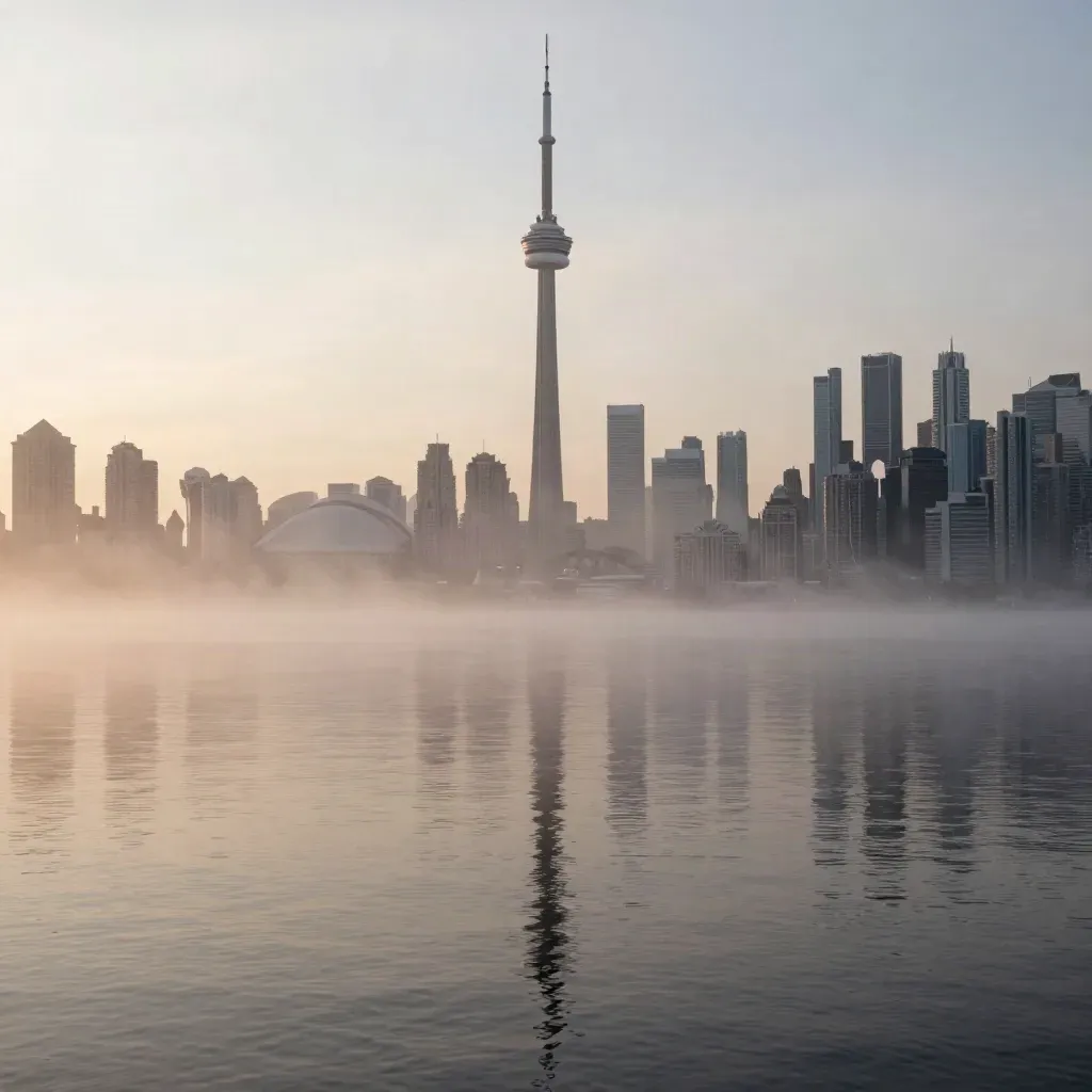 Toronto skyline in dawn mist over pale water, with the CN Tower high above the lakefront.