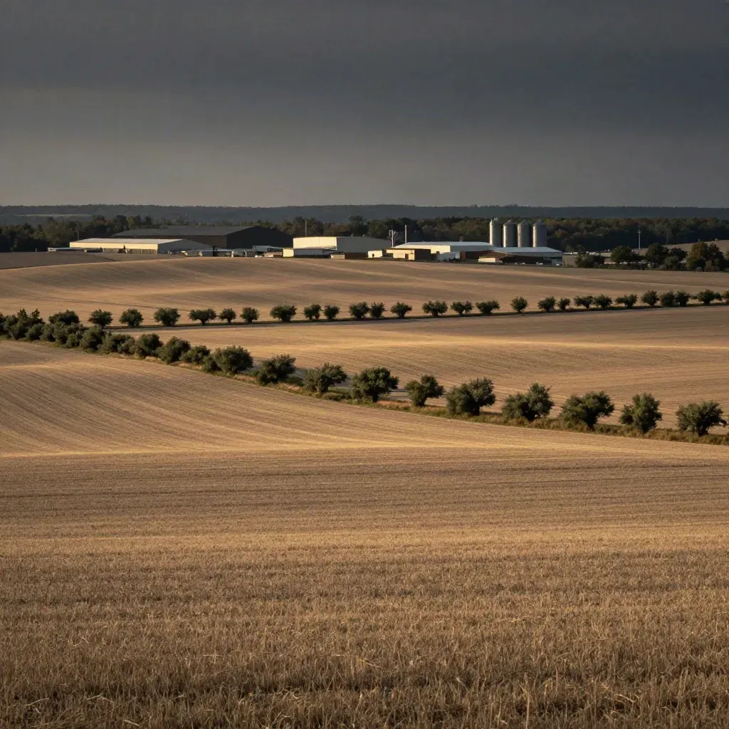 Golden-hour Southern Ontario fields with a distant industrial horizon under warm haze.
