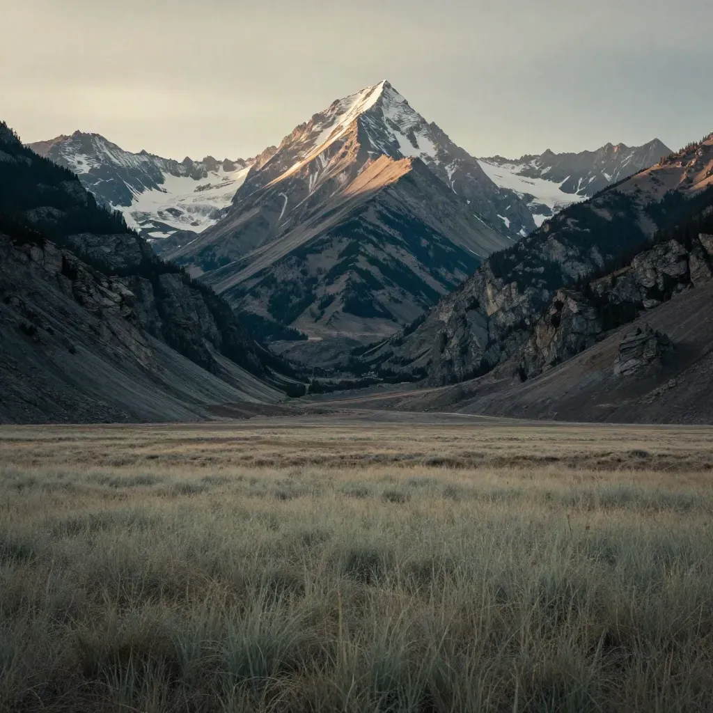 Rocky Mountain front above a hazy quiet valley at dawn, wide open ground for copy