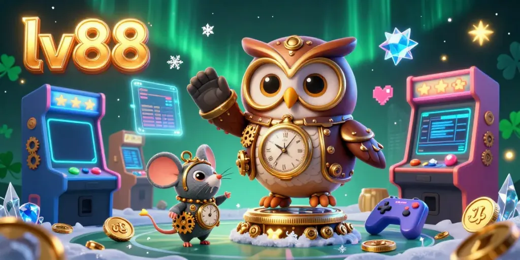 Experience the excitement of lv88 with a dynamic steampunk owl and casino elements in a vibrant 3D scene.