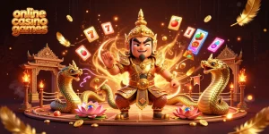Engage with online casino games featuring a Thai temple guardian and Naga companions in a vibrant casino scene.