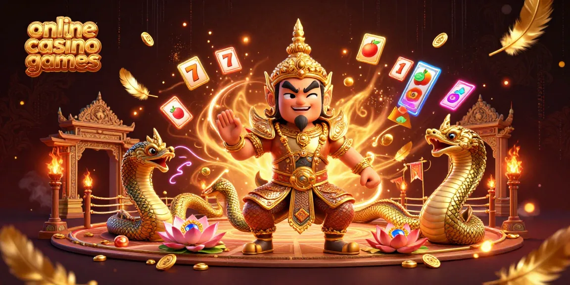 Engage with online casino games featuring a Thai temple guardian and Naga companions in a vibrant casino scene.